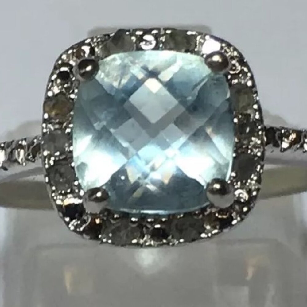 BLUE TOPAZ & DIAMOND STERLING SILVER RING